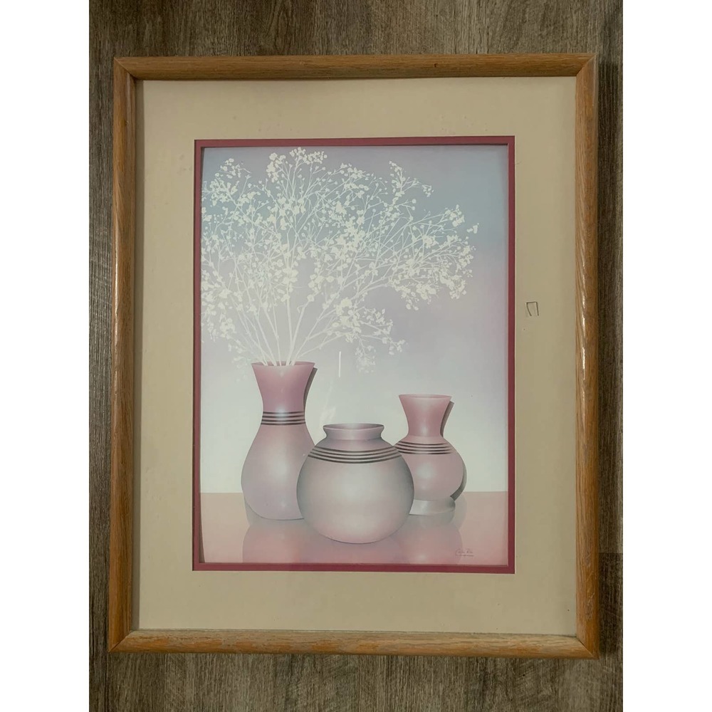 Ceramic Pots with baby's breath, matted with wood frame